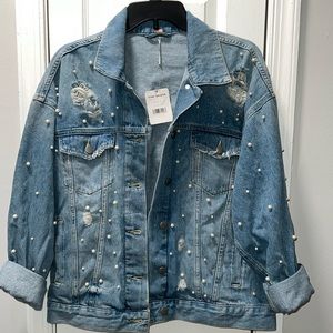 Free People Blue Oversized Pearl Denim Jacket